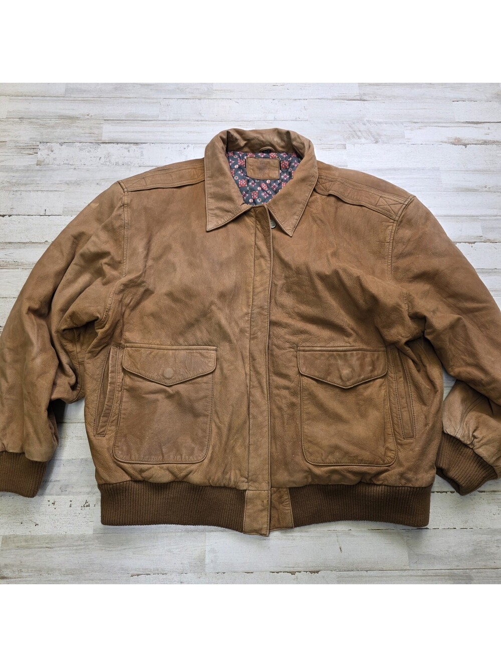 Vintage 80s 90s Hunt Club Brown Leather Bomber Flight Jacket Men's XL Lined